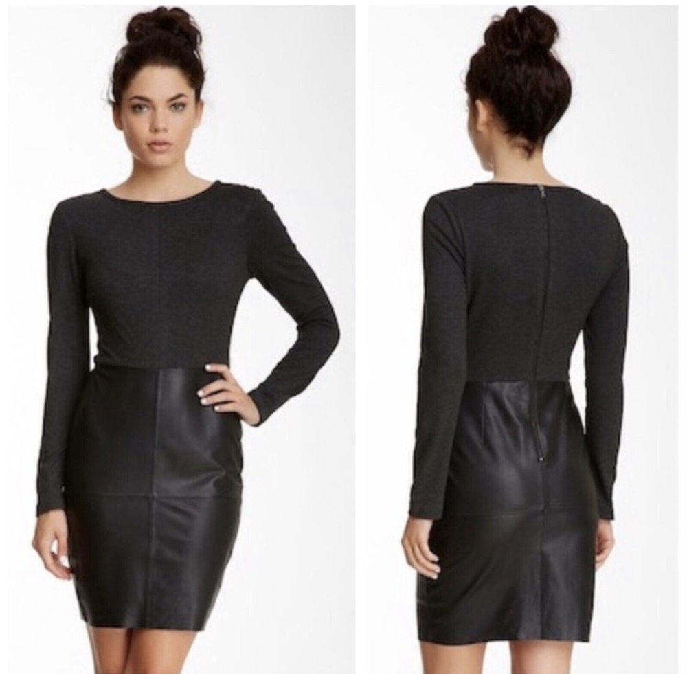 Trina Turk Sutherland Ponte Leather Skirt Long Sleeve Dress Black 4